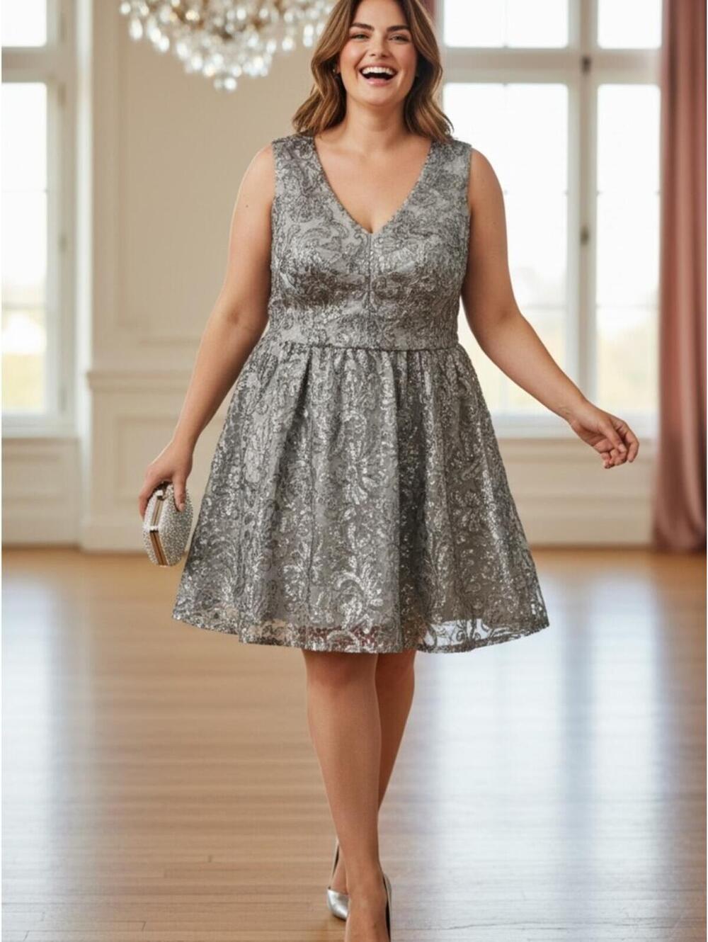 Decode 1.8 Gray Sequin Lace Fit & Flare Dress Size 16